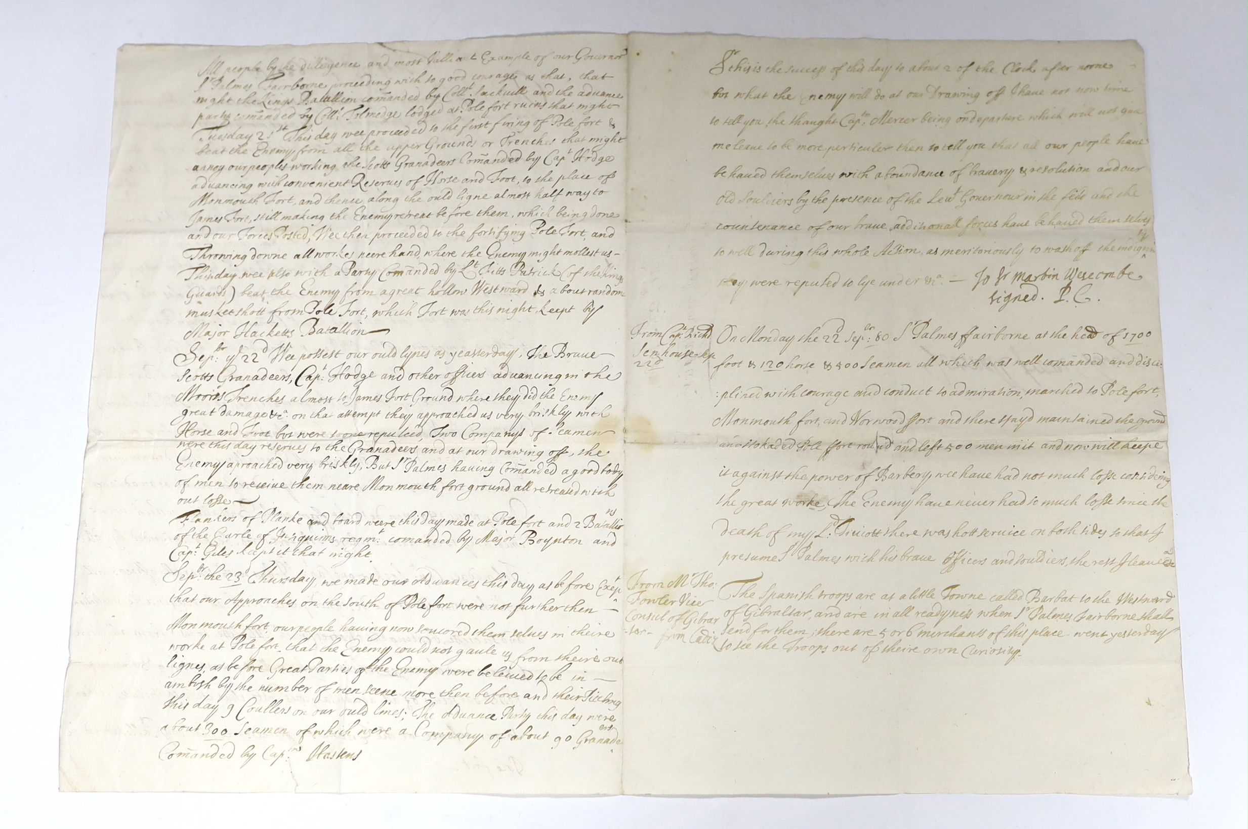 Journal from Tangier: three narratives of the defence of Tangier against the troops of the Emperor of Morocco, 14-23 September 1680, sent to Sir Martin Westcombe, English Consul at Cadiz, 1680